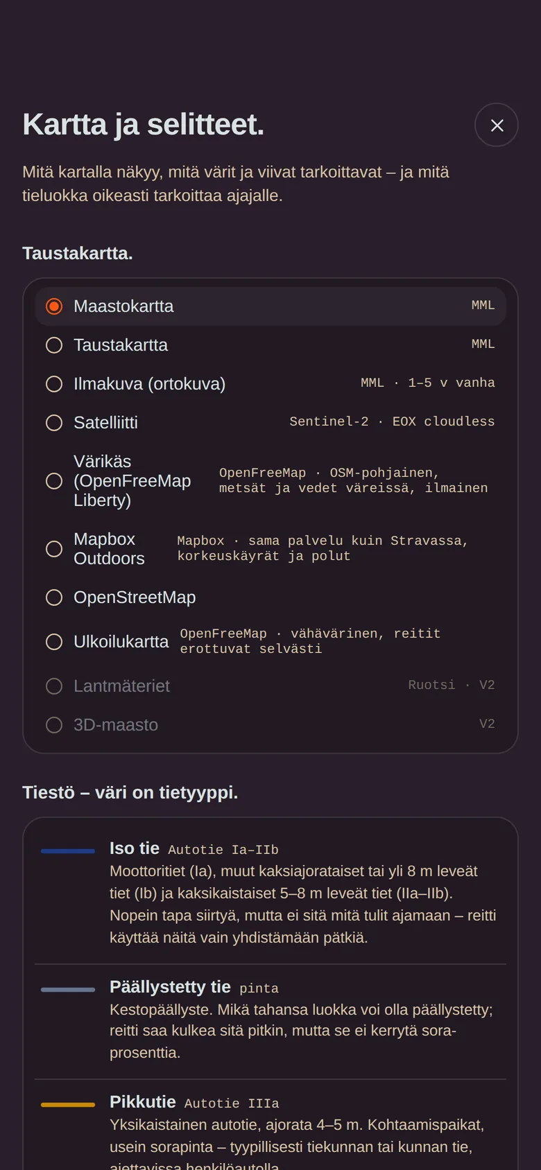 Kartta ja selitteet: taustakartat ja tietyyppien värit