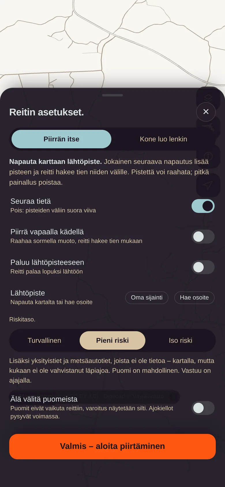 Reitin asetukset: Piirrän itse tai Kone luo lenkin, riskitaso, reitin luonne