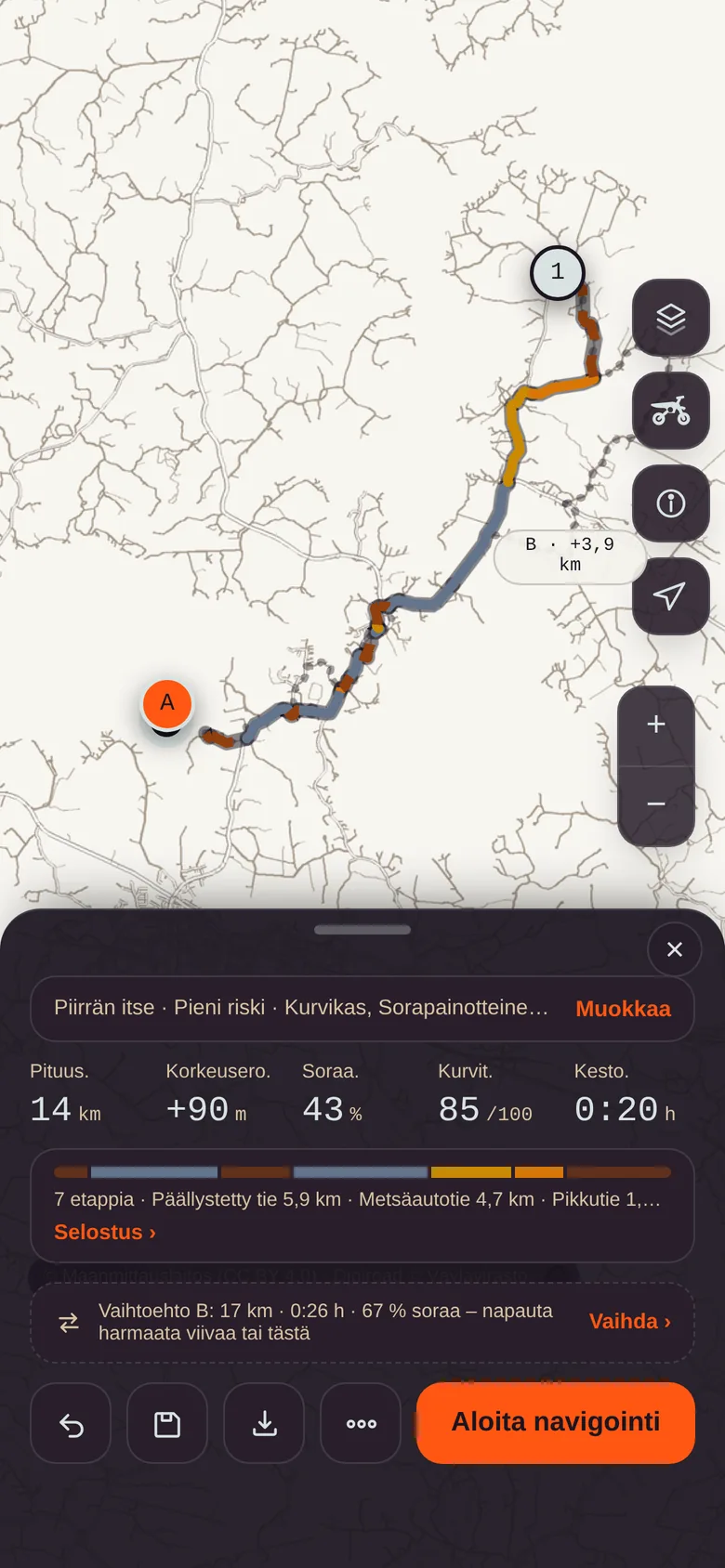Rospuutton reittisuunnittelu: 14 km reitti Iitissä, etapit ja vaihtoehto B