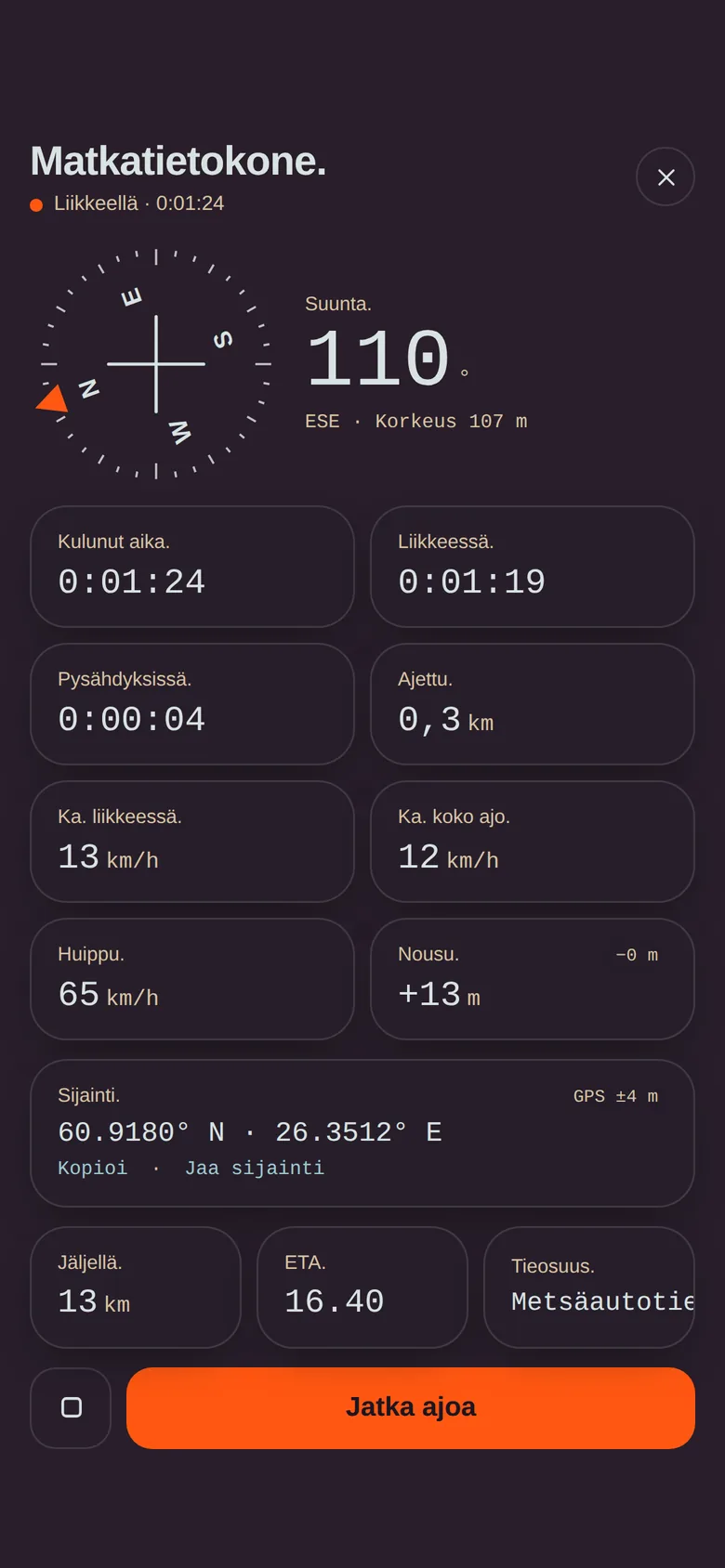 Matkatietokone: kompassi, ajat, nopeudet, sijainti ja ETA
